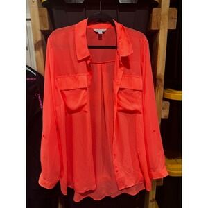 Boutique+ Womens 1X Neon Coral Orange Button Down Roll Tab Sleeve Blouse Top